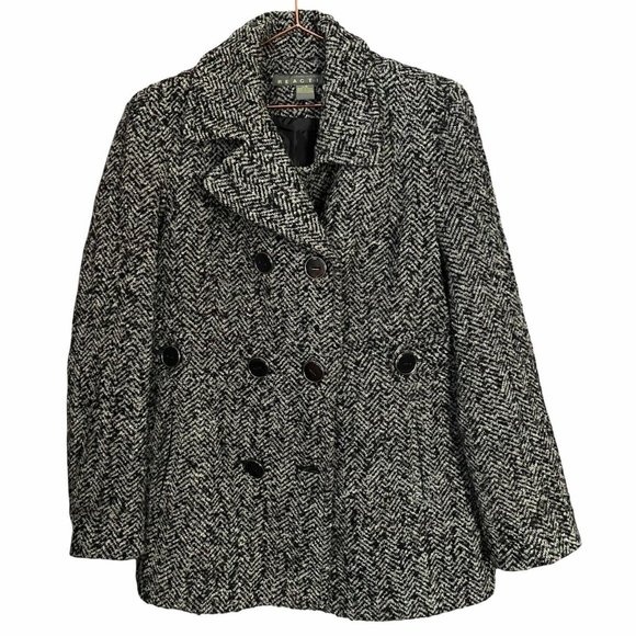Kenneth Cole Reaction Womens Wool Blend Peacoat Size L Black White Double Breast - Picture 1 of 9